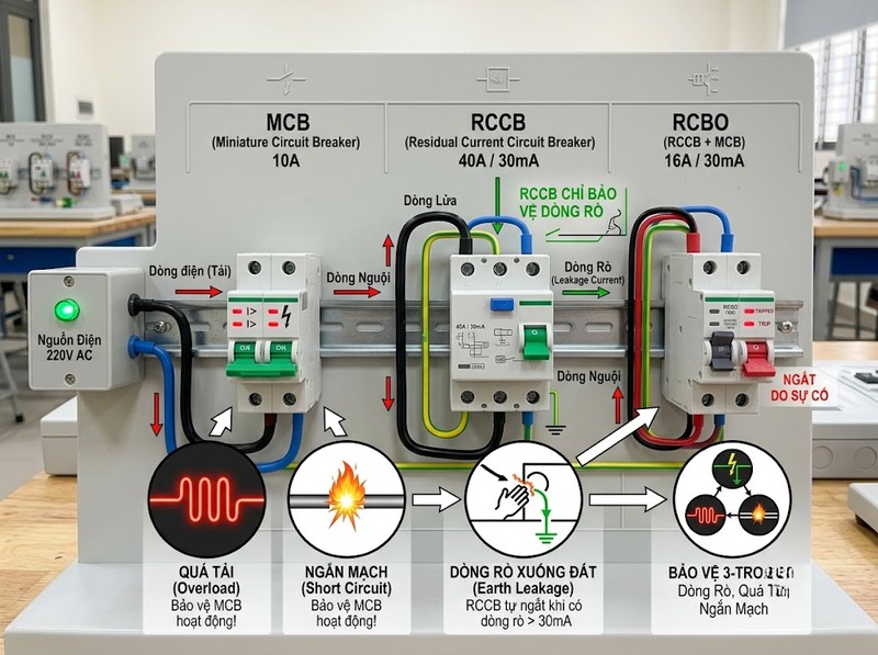 RCCB có bảo vệ quá tải và ngắn mạch không?